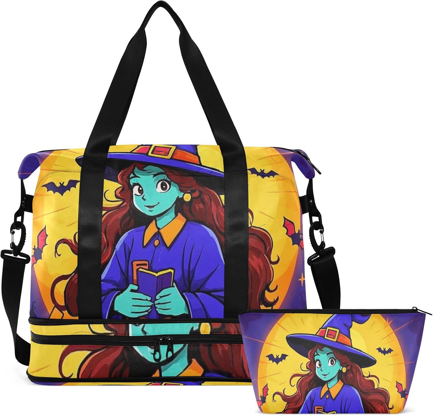 Happy Halloween Cartoon Cute Witch Overnight Travel Duffel Bag Travel Weekender Gear Bag with Toiletry Bag for Trip Waterproof, Happy Halloween Cartoon Cute Witch, 1 Size image number 2