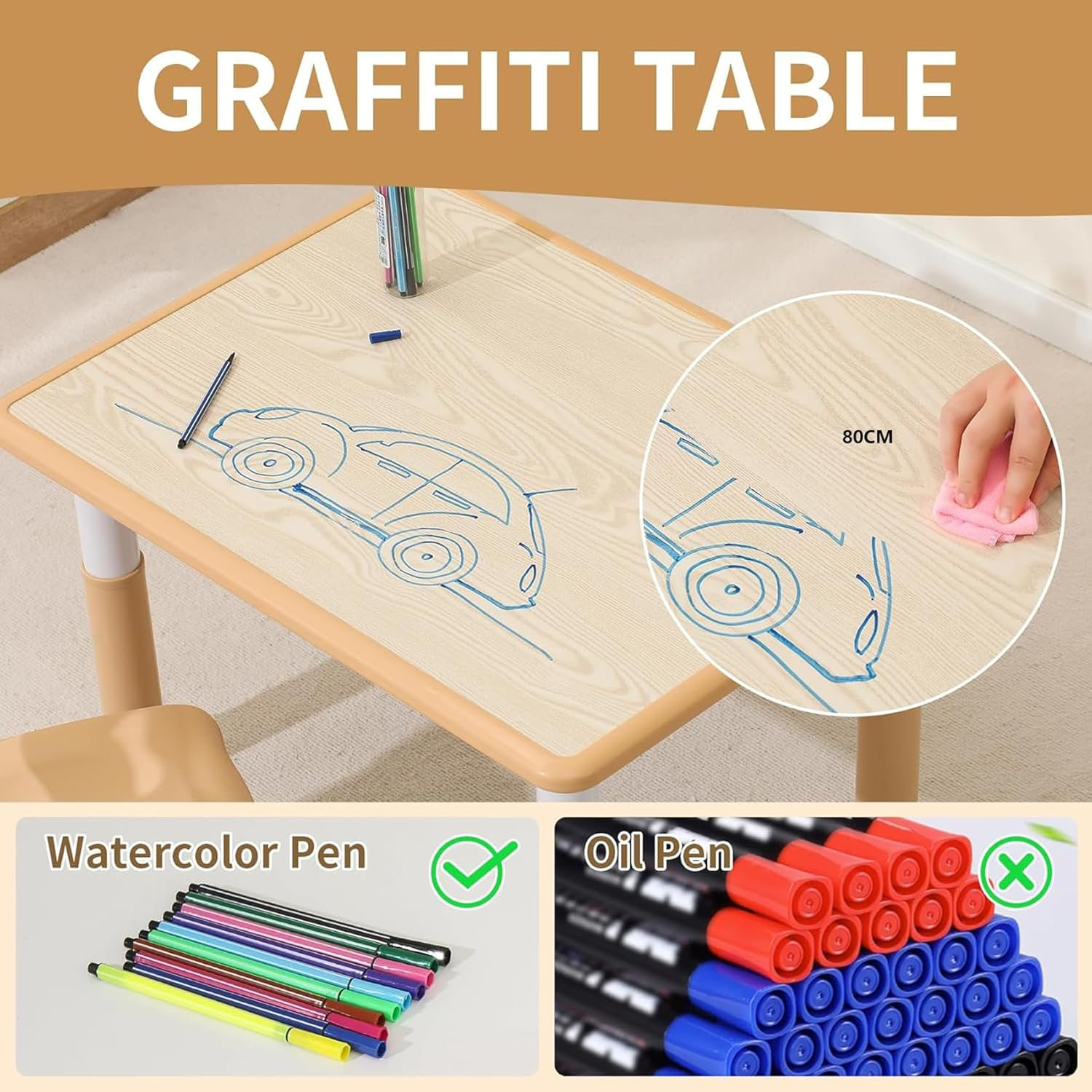 Kids Table and 2 Chairs Set, Height-Adjustable Toddler and Desk and Chair, Children Activity Graffiti Desktop for Classroom Daycare Home, 3-Piece Set Yellow Beige image number 4