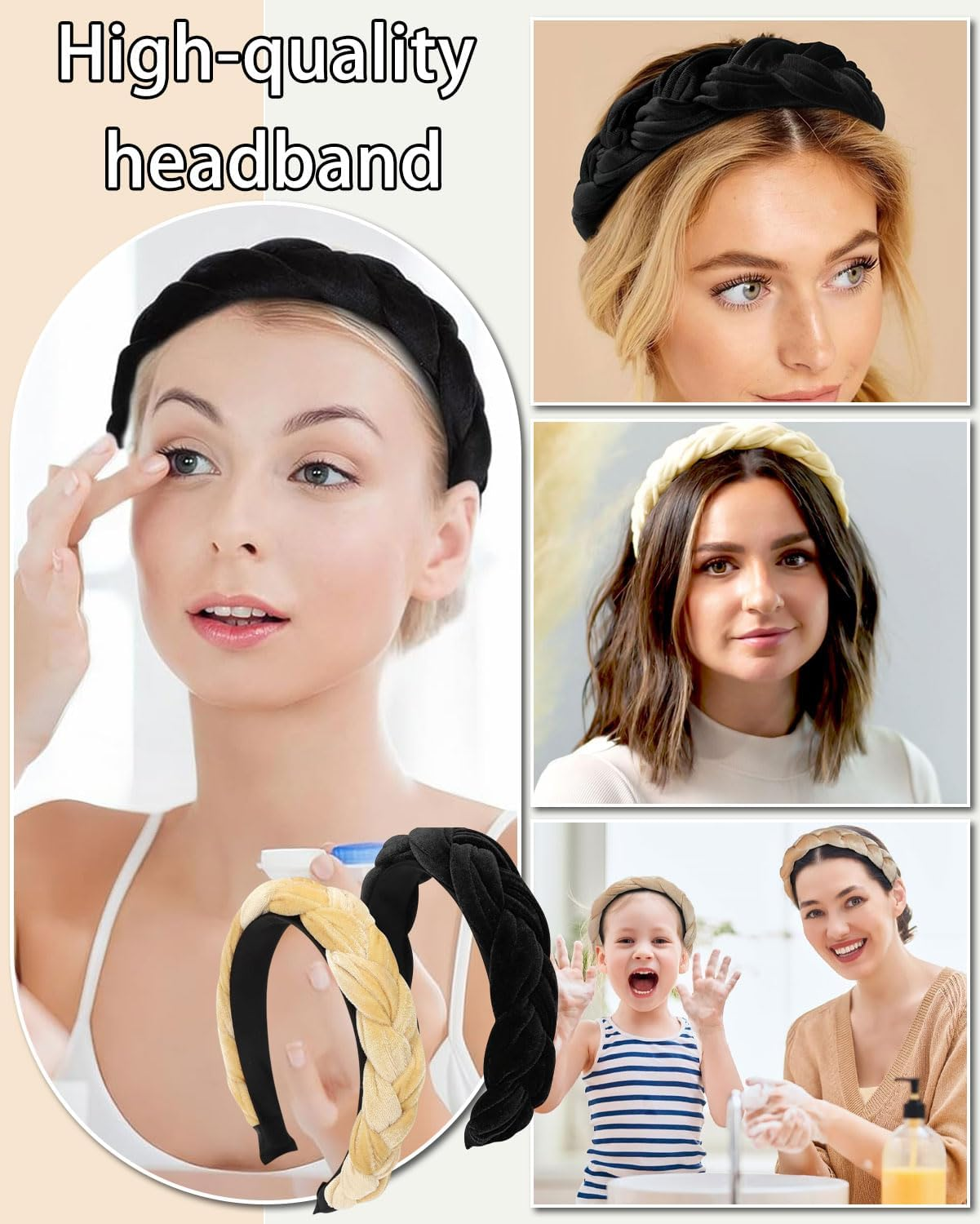 JUKOTA 2 Pieces Braided Headbands for Women, Velvet Headbands, Elastic Criss Cross Hair Bands Accessories, Wide Headband, Vintage Liner, Non-Slip Hair Accessories (Black, Beige) image number 1