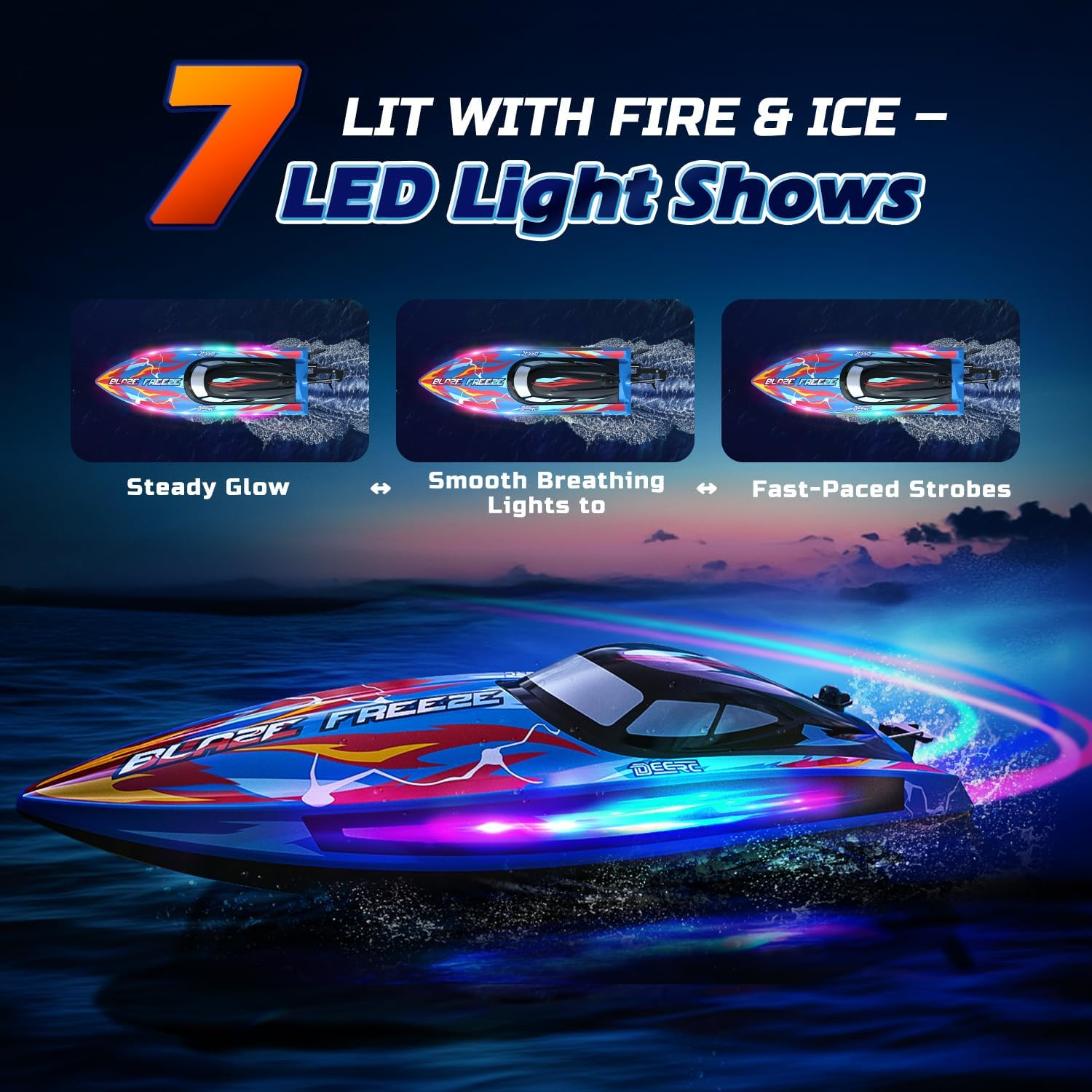 DEERC RC Boat with 7 LED Light Modes, 20+MPH, 40+ Mins, Self Righting Remote Control Racing Boat for Pool & Lake, 2.4Ghz Summer Water Toy for Kids image number 1