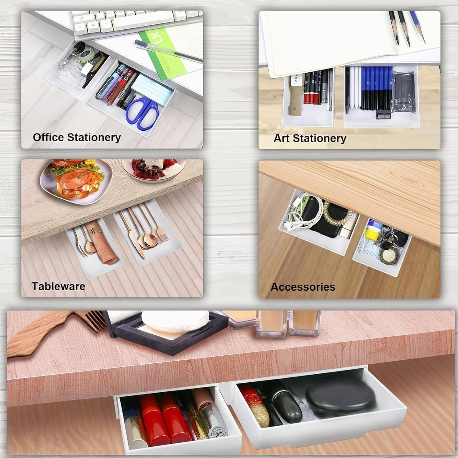 2Pcs under Desk Storage Drawers, under Desk Drawer Slide Out, Self- Adhesive Hidden Plastic Desk Organizers and Storage Trays for Office School Home (White, S+L) image number 2
