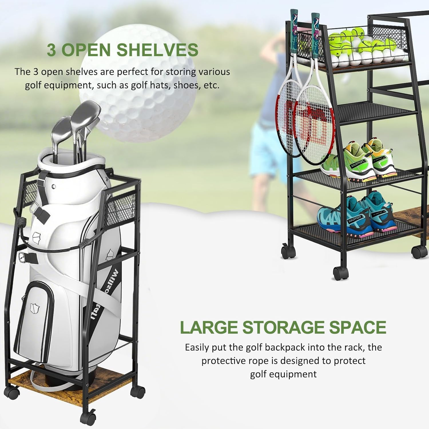 RHSTAO Golf Bag Garage Storage Rack with Wheels, Organizer for Single Golf Bag and Equipment Accessories, Ideal for Home, Garage, Club, Shed, Basement - Sturdy Wood and Metal Construction