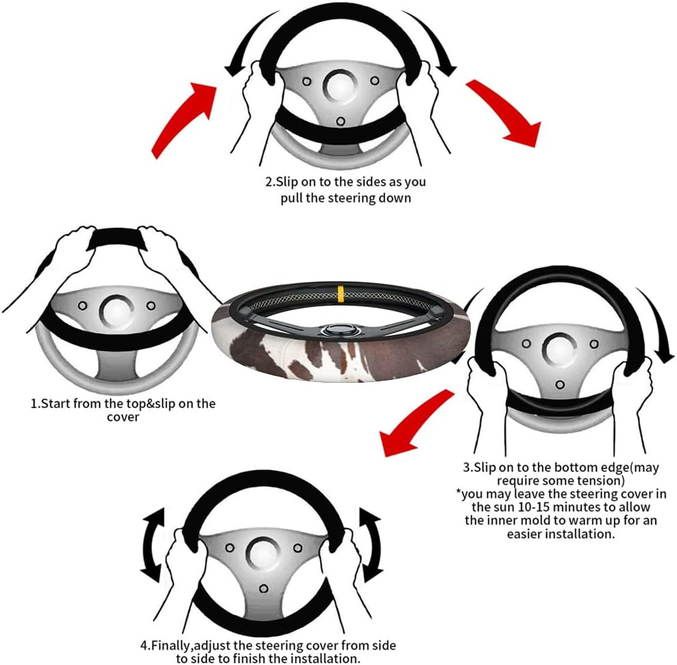 Swono Cow Skin Universal Neoprene Steering Wheel Cover Australian Cow Skin Brown 15 Inch Steering Wheel Covers, Printed Steering Wheel Elastic Protection for Women and Girls