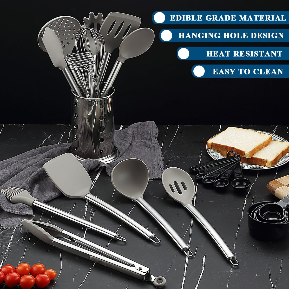 Kitchen Utensils Set, Kyraton 38 Pieces Non-Stick Silicone Cooking Utensils Set, Spoon Spatula Set with Sturdy Stainless Steel Utensil Holder, Dishwasher Safe image number 4