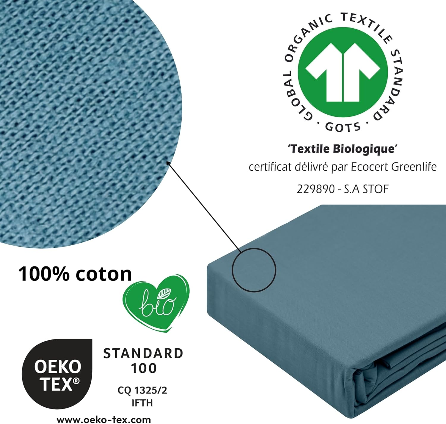 STOF - Fitted Sheet - Size 180 X 200 Cm - 100% Organic Cotton - Quality - Oeko-Tex Certified - Colour Blue - Horizon Model - Bed Linen for Home - Soft and Comfortable image number 3