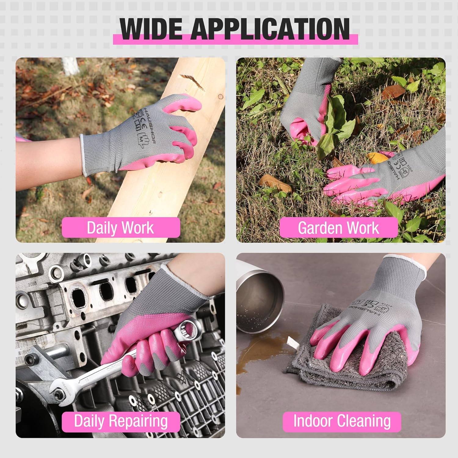 HAUSHOF 6 Pairs Garden Gloves for Women, Nitrile Coated Working Gloves, for Gardening, Restoration Work, Medium, Pink & Green, M image number 1
