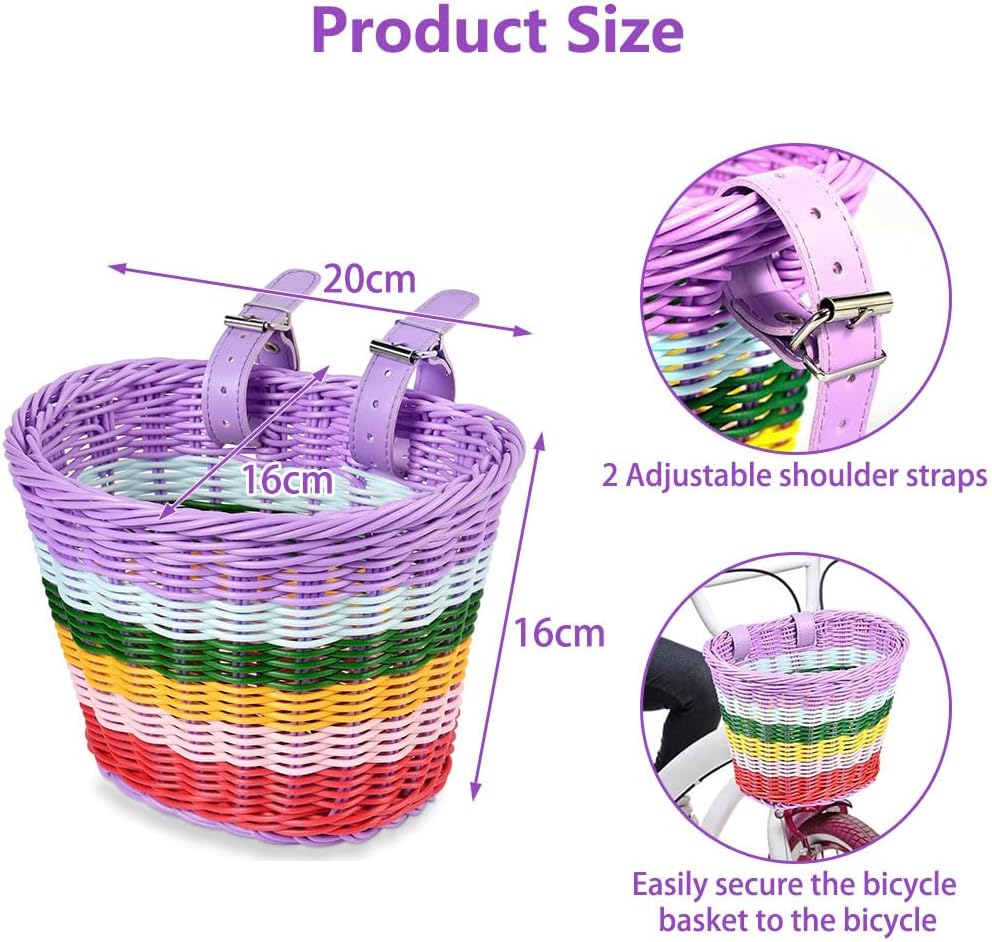 2-Piece Kids Bicycle Basket &ndash; Hand-Woven Rainbow Color Bike Baskets for Toddlers, Waterproof Tricycle and Scooter Basket with Adjustable Strap for Boys and Girls image number 1