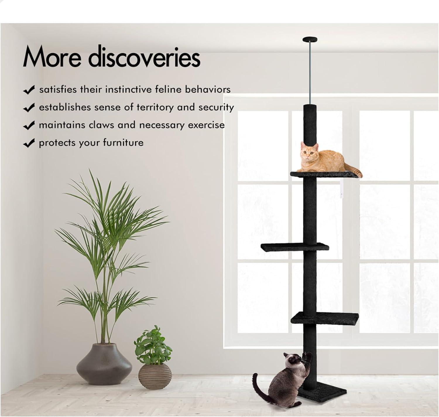 BEASTIE Cat Tree 230-286Cm Floor to Ceiling 4 Tier Adjustable Cat Tower, Multi-Level Scratcher Tower, Condo Play House Wood Furniture for Kittens Climbing, Black image number 1
