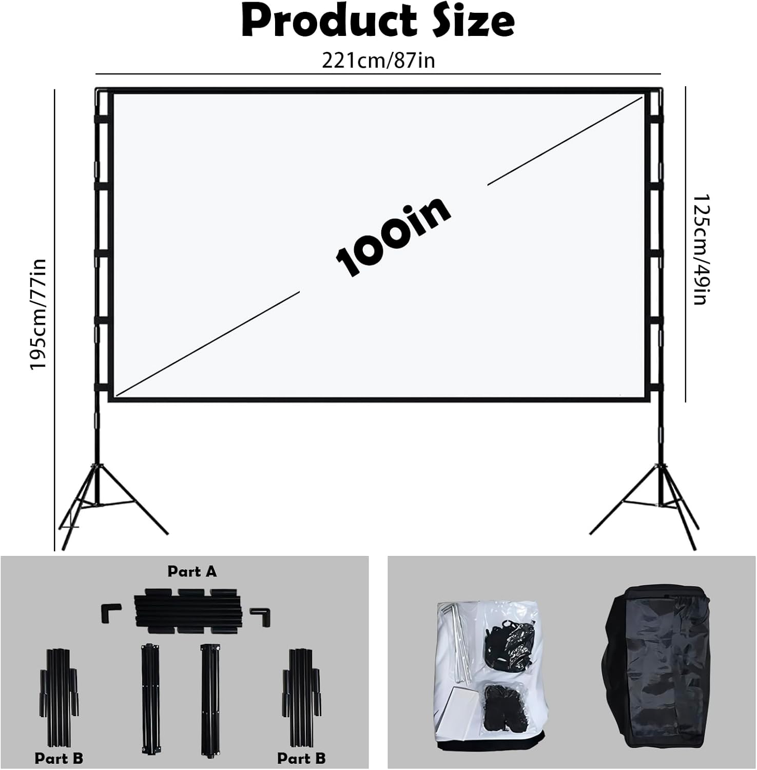 Meikurs 100-Inch Portable Projector Screen with Stand &ndash; 4K Ultra HD, Wrinkle-Free Polyester Screen, Includes Carry Bag Perfect for Home Theaters and Outdoor Events image number 1