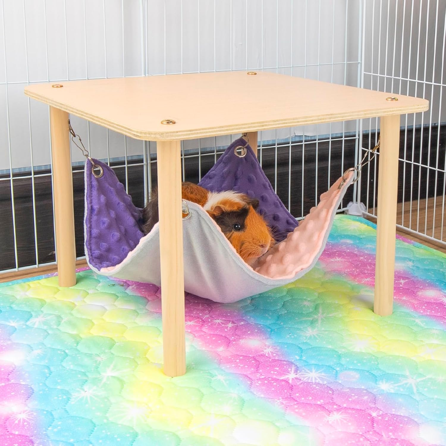 BESNEW Enlarged Guinea Pig Hammock with Wooden Stand,Small Animal Hanging Bed Large Platform for Guinea Pigs Bunny Ferret Hamster Hiding Sleeping 13L X 13W X 11H In image number 5