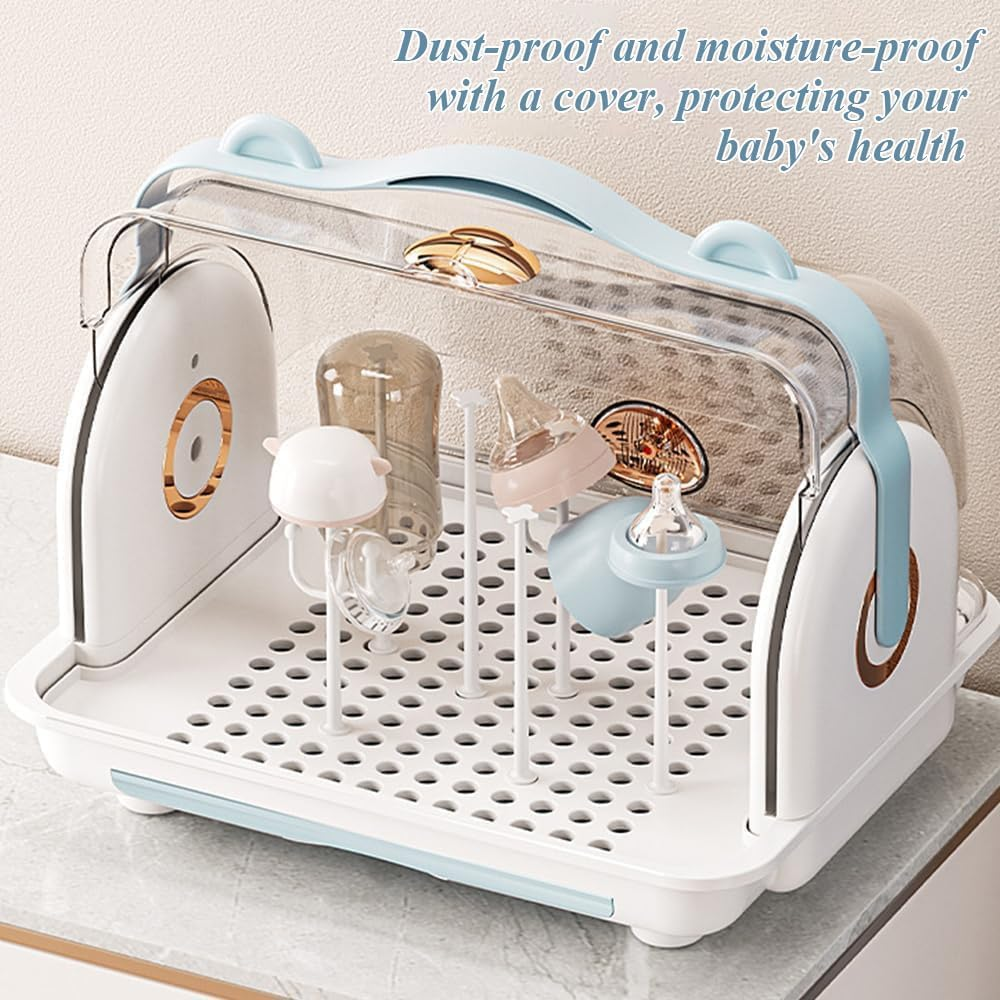 Baby Bottle Countertop Drying Rack, Dustproof Feeding Cup Holder, Baby Cup Storage Box, Removable Drain Tray, Transparent Clamshell Design for Bottles, Teats image number 6