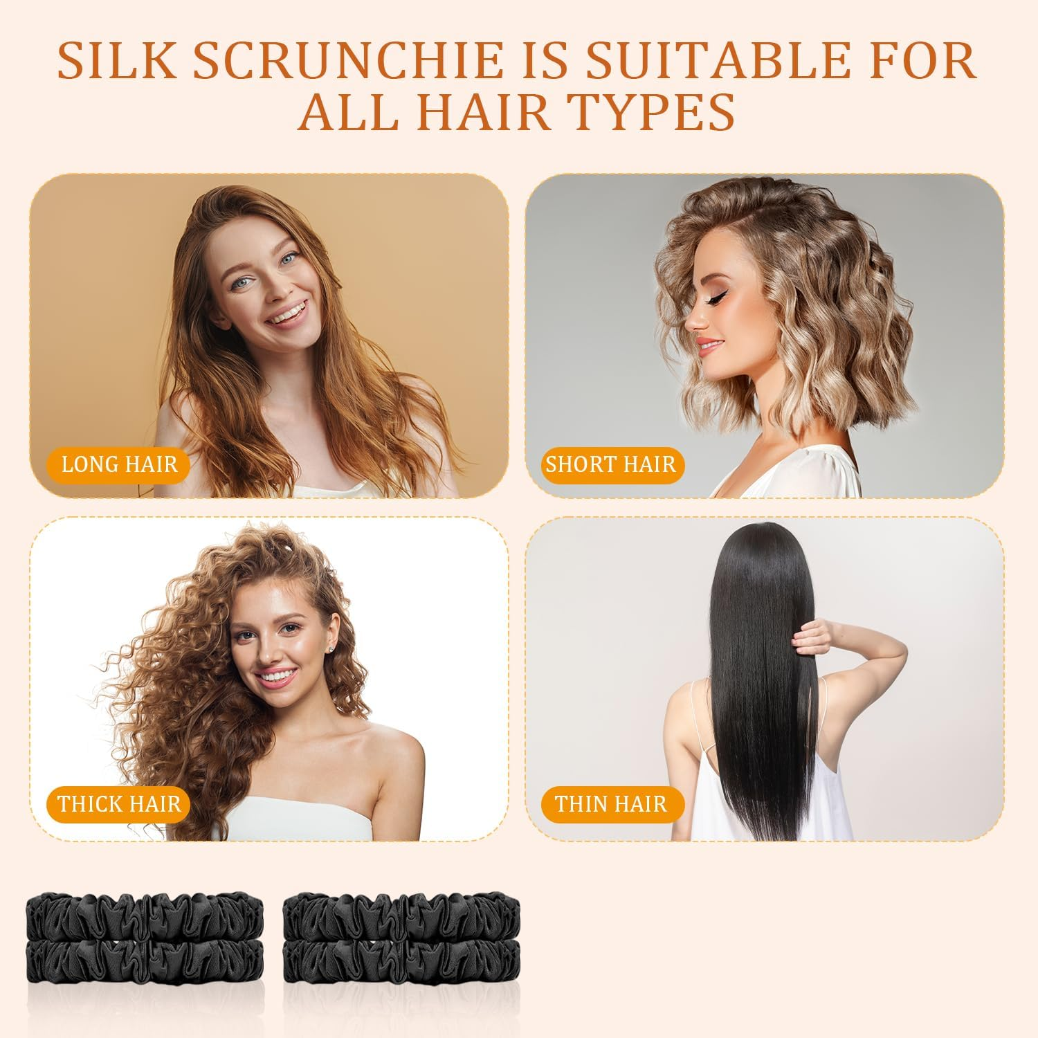 4 Pcs Silk Scrunchies | Silk Hair Ties | Satin Scrunchies | Elastic Hair Bands | Hair Bobbles | Hair Scrunchies for Women | Hair Ties No Damage | 4 Pcs Black Hair Ties image number 2