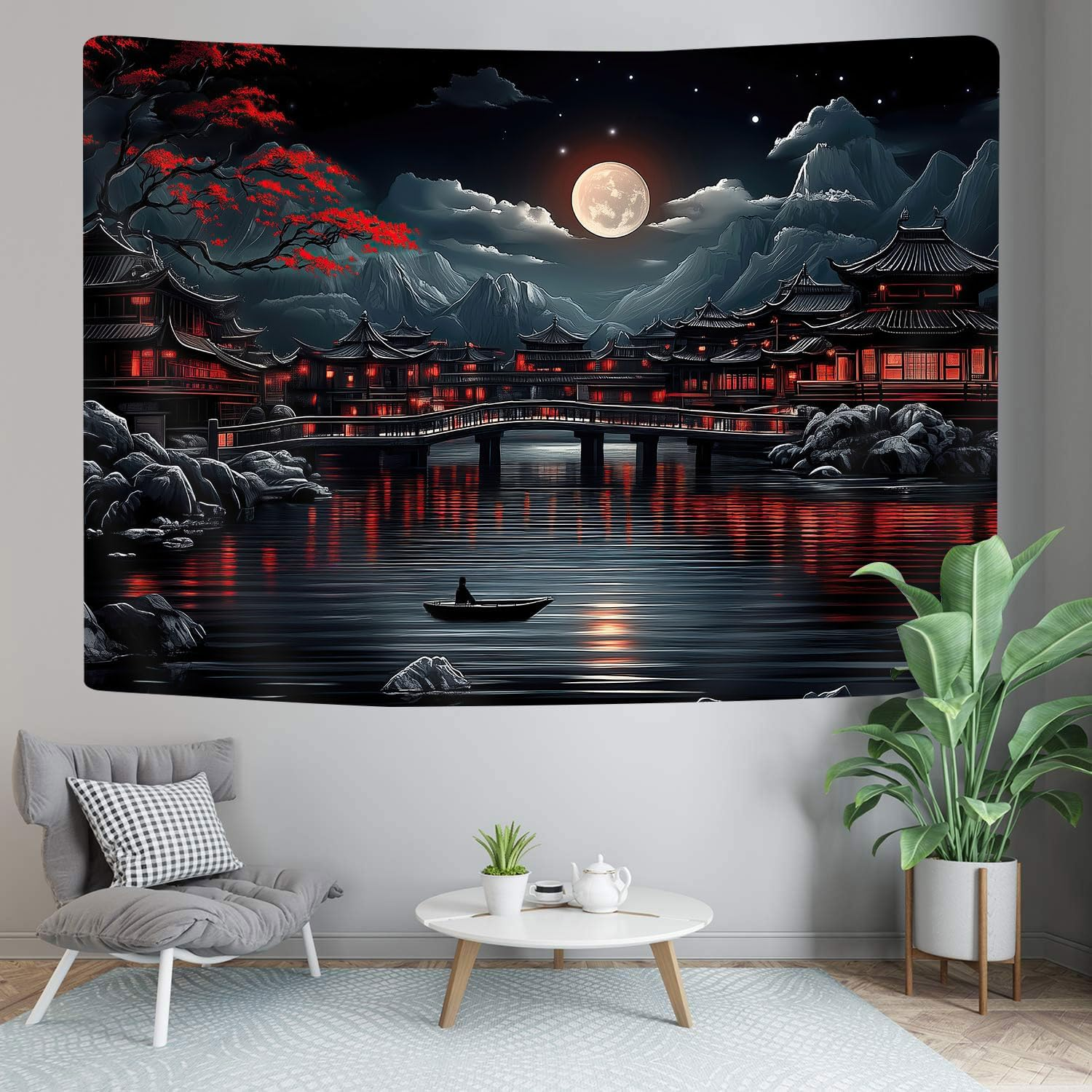 GOAOK Japanese Anime Tapestry, Cool Red and Black Dark Nature Mountain Riverside Full Moon Landscape Aesthetic Tapestry for Men, Asia Japanese Art Tapestries for Bedroom Living Room College, 60"X40" image number 6