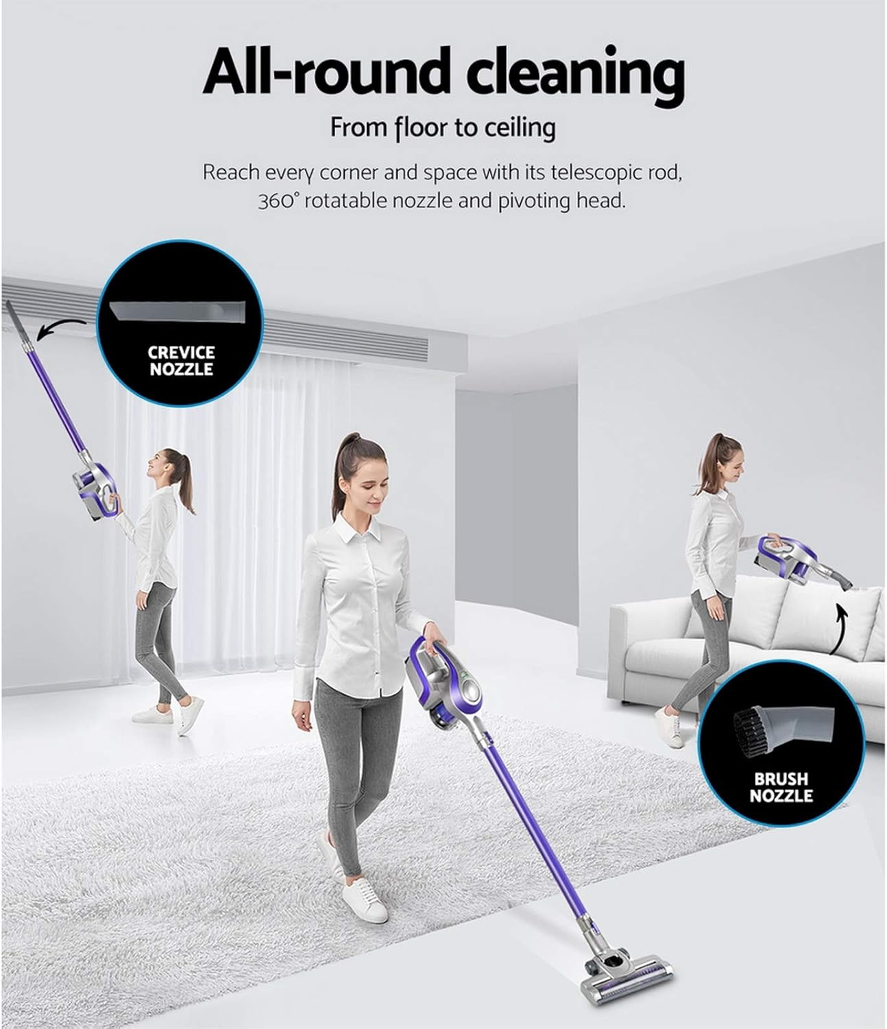 Devanti Cordless Vacuum Cleaner, Stick Vacuum Strong Suction Handheld Hand Held Handstick Bagless Recharge Vac 150W Compact Dustbuster Sweeper Dust Buster Portable for Home Car Stairs, Purple image number 1