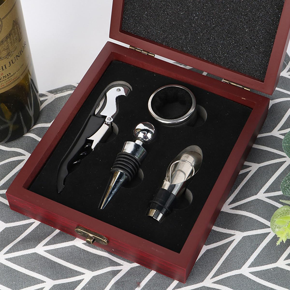 AIMALL Stainless Steel Wine Opener Set with Bamboo Box &ndash; 4-In-1 Multifunctional Corkscrew, Stopper, Drip Ring & Pourer for Red Wine, 5.9X6.7X1.85In - Khaki Wooden Box image number 3