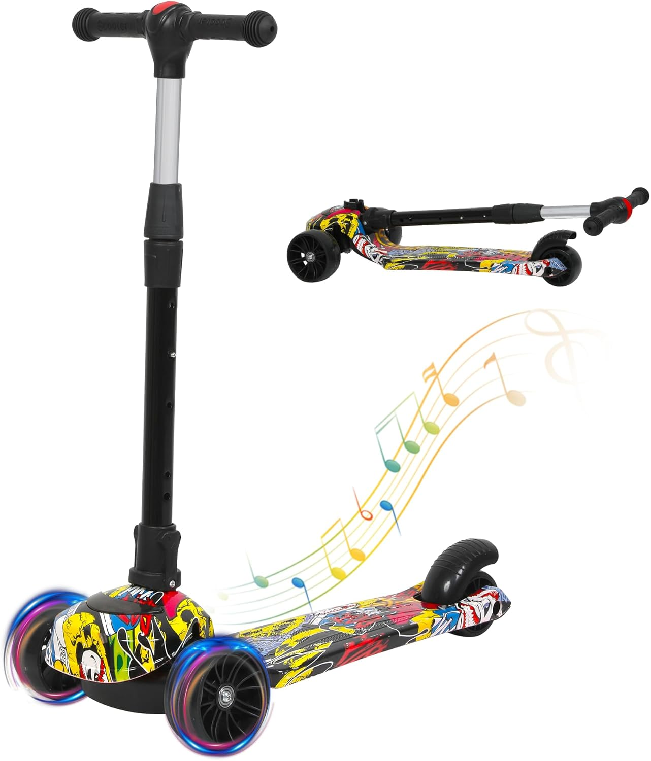 Bopeep 3 Wheeled Scooter for Kids, 3 Wheels Foldable Kick Scooter with Flashing LED Lights for Boys Girls, Lean to Steer，3 Levels Height Adjustable Scooter, 3-6 Years Old, Toddler Scooter Music