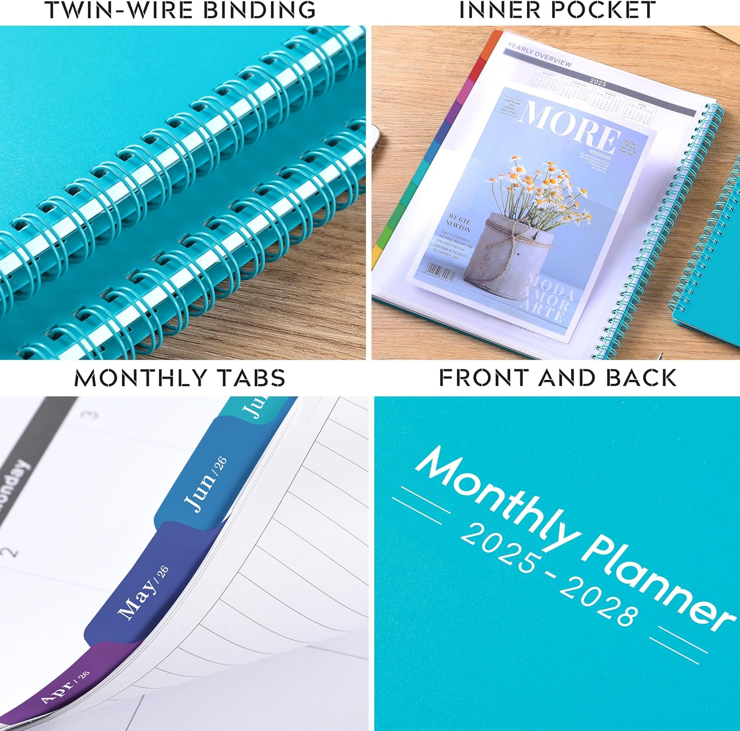 2025-2028 Monthly Planner/Calendar - 3 Year Monthly Planner 2025-2028, Jul.2025 - Jun.2028, 9" X 11", 36-Month Calendar + Colorful Tabs + Pocket - Teal image number 6