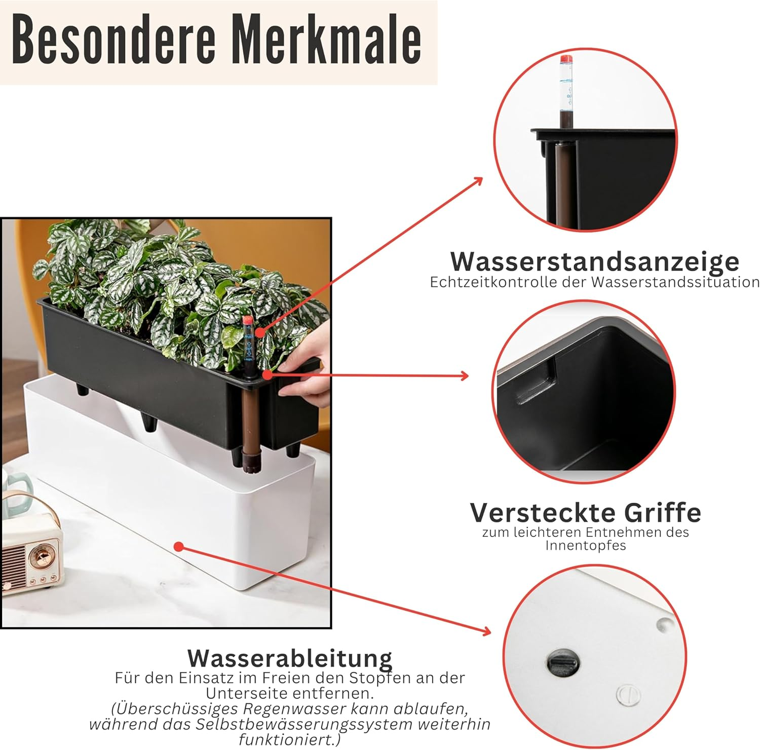 Lalagreen Planter Box for Indoor Plants (2 Pack, 16 Inch) Black Rectangular Self Watering Flower Pot, Large Window Boxes Planters with Drainage Decorative Modern Balcony Windowsill Herbs Home Garden - Black image number 6