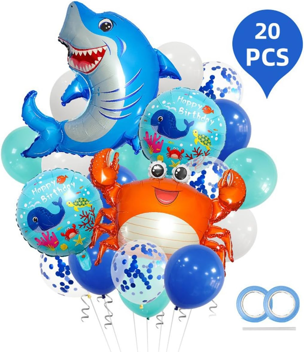 22Pcs Ocean Shark Themed Party Decorations, Blue Shark Balloons, Happy Birthday Balloons, Birthday Party, Undersea Balloons Supply image number 5