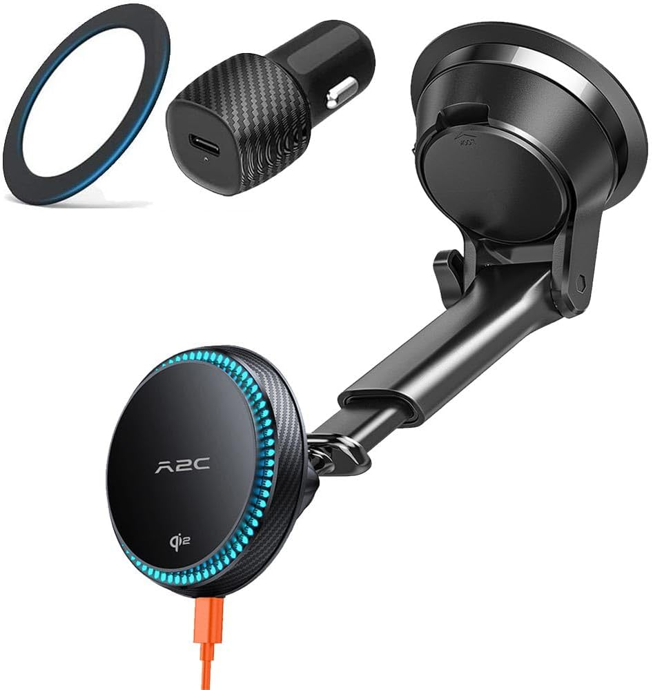 A2C Universal Qi2 Magnetic Car Mount 15W Wireless Charger [Car Plug, USB-C Cable & Metal Ring] for Iphone 16 15 14 13 12 Magsafe Case, Magnet Windshield Phone Holder Cooling Charging - Black image number 3