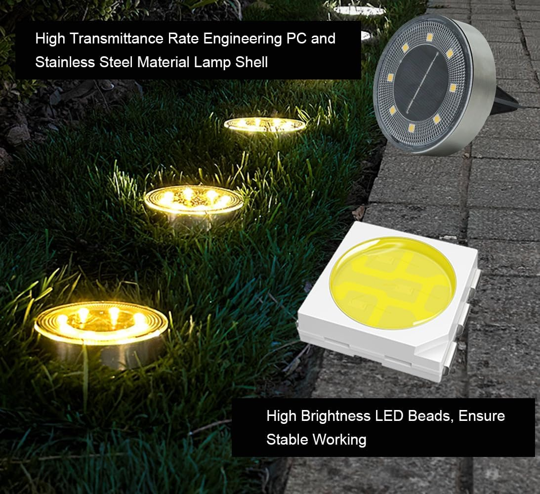 Solar Light Outdoor Ground 8Pcs 8 Leds Stainless Steel Disk Lamp IP68 Waterproof Wireless with Spike, for Path Gargen Landscape Lighting (Warm Light) image number 1