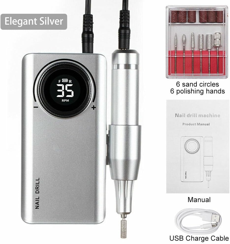 Tootoo 35000RPM Portable Nail Drill Machine Rechargeable E File Fits Manicure Pedicure (Silver)