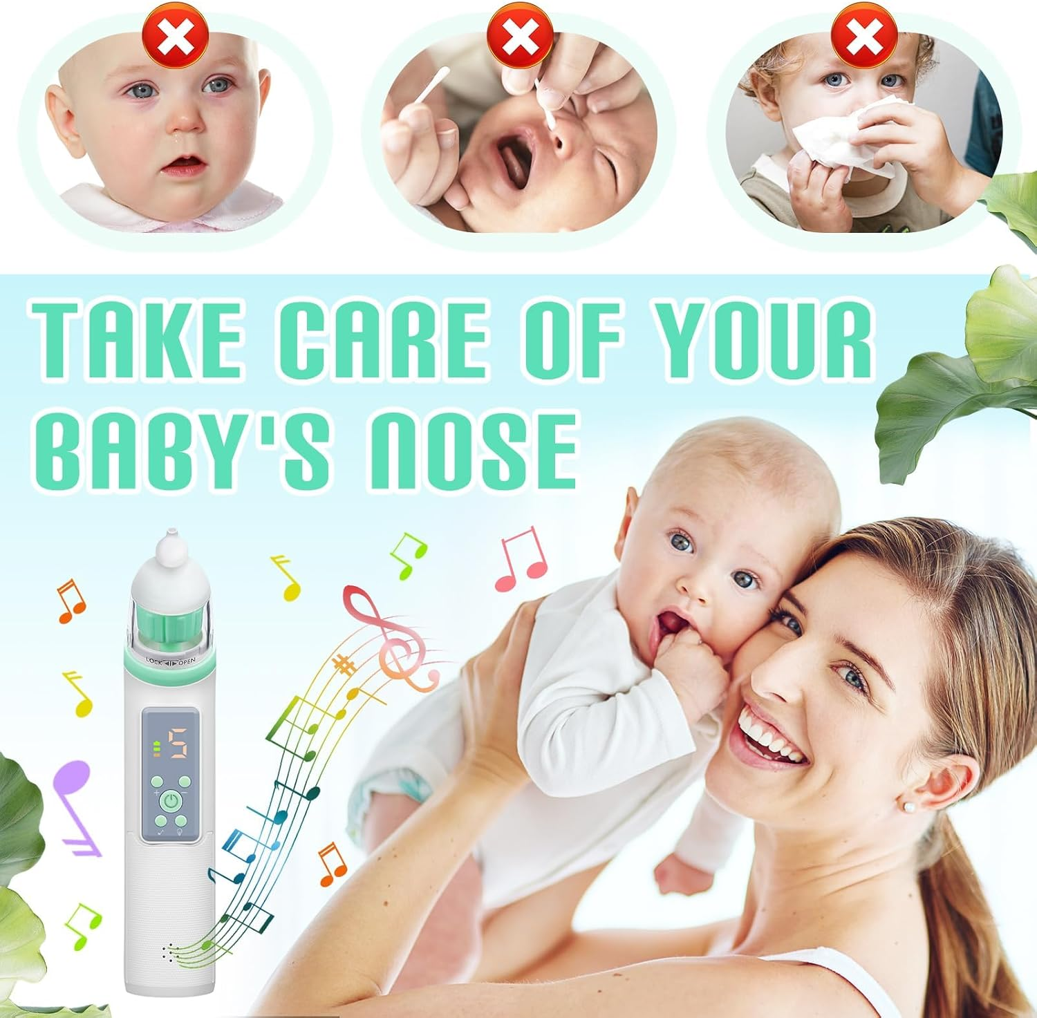 IODOO Electric Nasal Aspirator, Baby Nose Cleaner with 5 Suction Levels and 3 Silicone Tips, Rechargeable Mucus Sucker with Music and Soothing Light, for Newborns Babies and Children image number 4