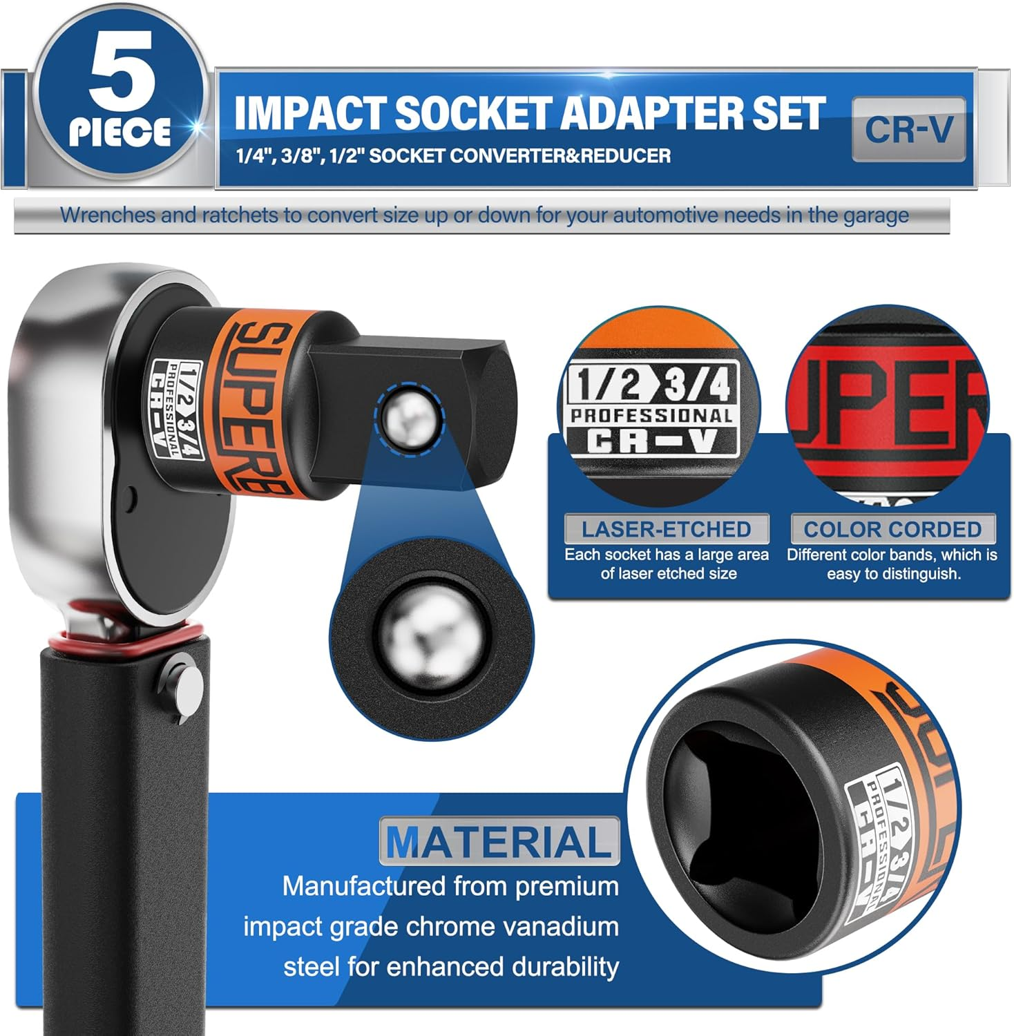 Arwealxs 5 Piece Impact Socket Adapter and Reducer Set, 1/2 to 3/4,1/2 to 3/8,3/8 to 1/2,3/8 to 1/4,1/4 to 3/8 Drive Socket Adapter Set, Reducer Converter Adapter Set for Impact Driver Conversions
