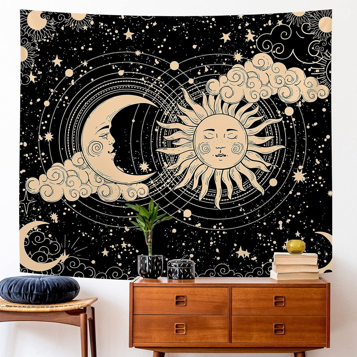 IMANDALE Sun and Moon Tapestry Aesthetic Sun Moon Tapestry Black Dark Spiritual Tapestries Wall Hanging Room Decor for Bedroom, Livingroom (51"X59", Moon and Sun) image number 4