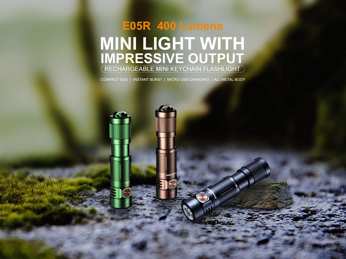 Fenix E05R Rechargeable Torch - Metal & Polycarbonate Lens - 400 Lumen Burst Mode & 64M Long Throw - Super Bright & 30 Hrs Working - 3 Brightness Levels - Emergency Light for Camping & Hiking - Green - Green image number 5
