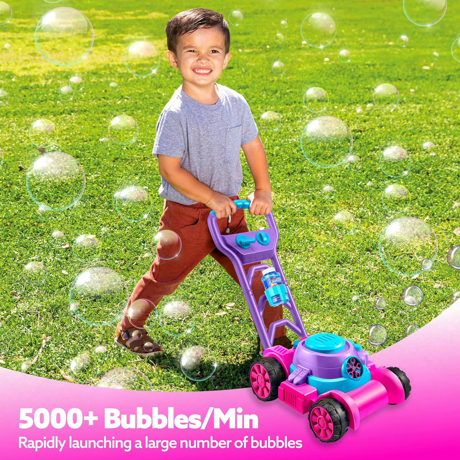 SLOOSH Bubble Lawn Mower Toddler Toys - Kids Bubble Machine Summer Outdoor Push Toy Games, Backyard Garden outside Play Toddlers Preschool Boys Girls Birthday Gifts (Pink) - Blue image number 7