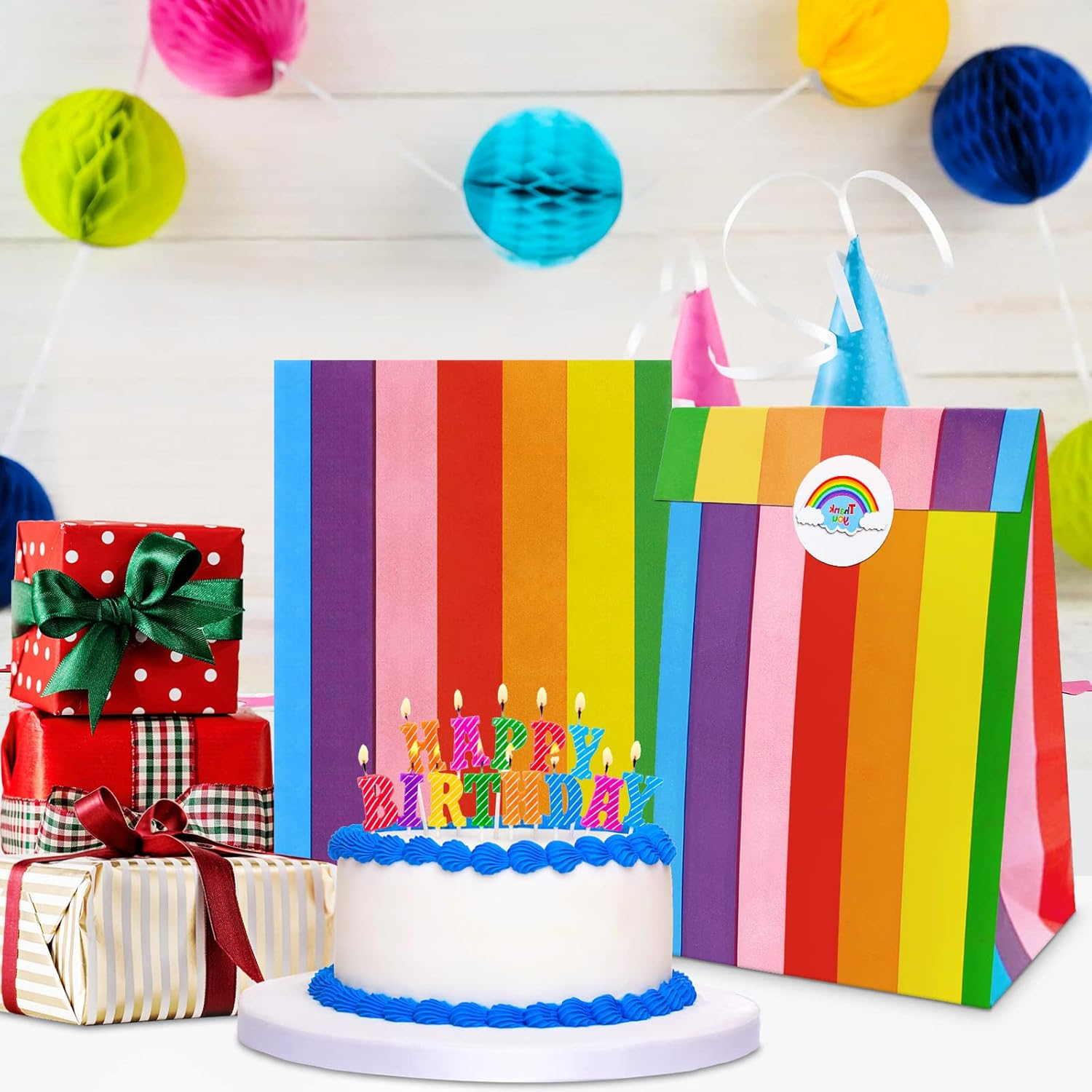 Party Favor Bags,Paper Party Bags,Rainbow Paper Bags with Stickers,Kraft Paper Loot Bags Candy Bags Wrapped Bags Treats Bags Goody Goodie Bags,Paper Gift Bags Small Gift Bags Bulk Multipack Wedding Gift Bags Gift Wrap Bags for Birthdays,Holiday,Mothers Day,Care Packages,May Day