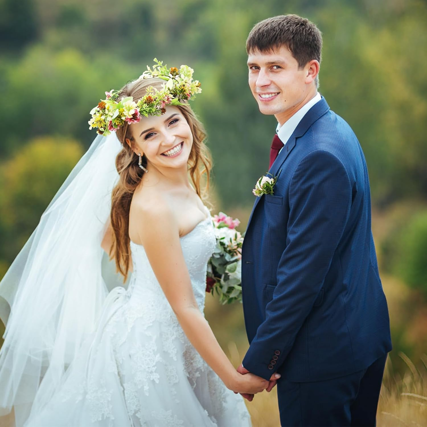 Flower Wreath Hair Headband Set Handmade Autumn Flower Crown with Hair Wreath & Comb for Wedding Bridal Festival Girls Photo Shoot Gift image number 3