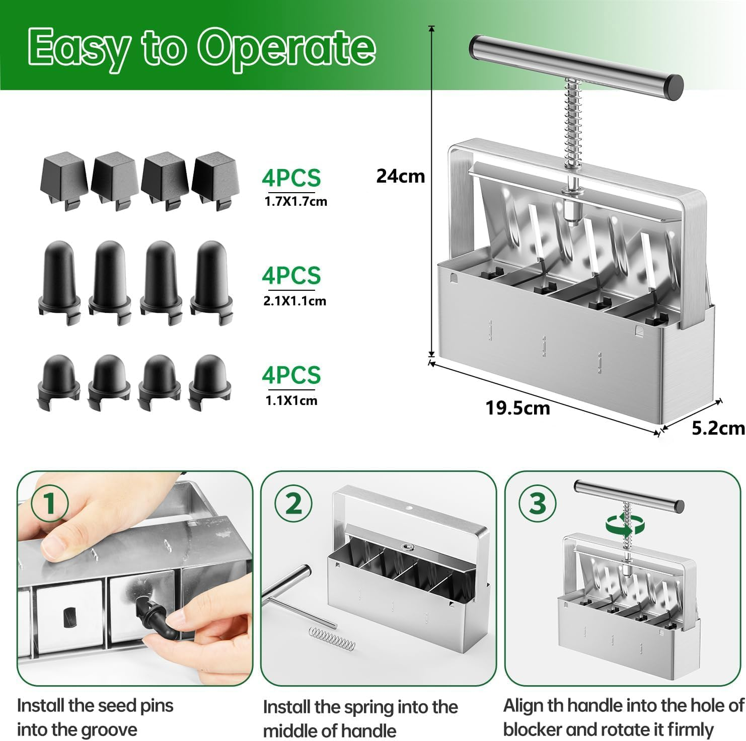 Soil Blocker, 4 Cell Soil Block Maker 5 CM with 3 Sizes Seed Pins, Seed Handheld Block Maker with Comfortable Handle, Garden Blocking Tools for Seedings, Cuttings, Greenhouses image number 6