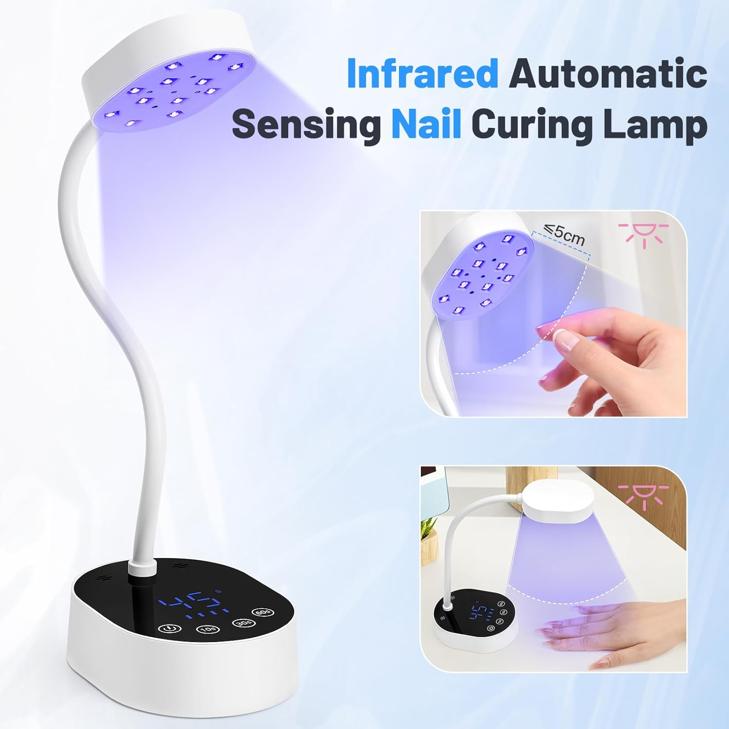 Madenia UV LED Nail Lamp: Rechargeable 360&deg; Adjustable Gooseneck Design Nail Light with Auto Sensor & Touch Screen - 4 Timer Modes Nail Curing Lamp Suitable for Salon and Home Use, White image number 6