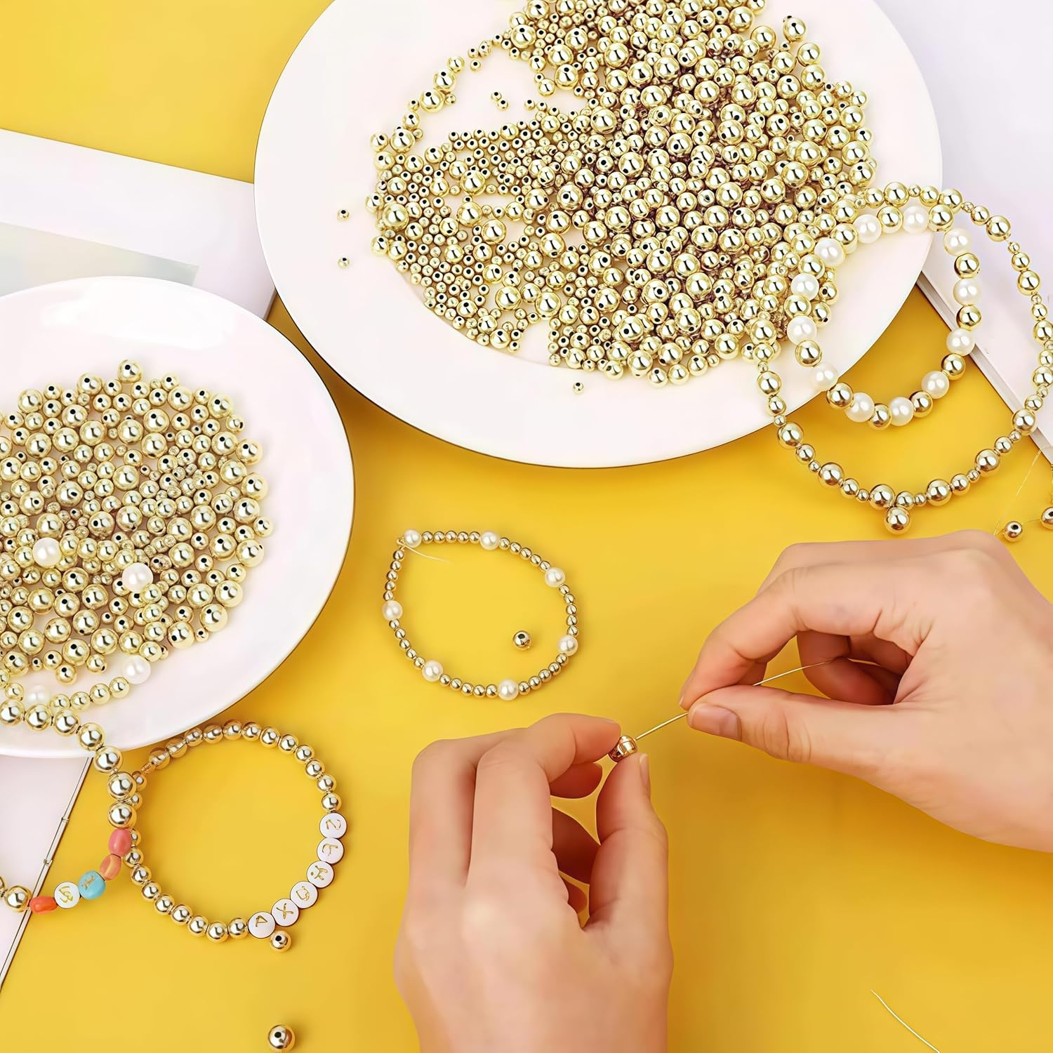 720 PCS Gold Plastic Bead Set: Round, Star, Heart, Spacer & Cylinder Oblate Shapes, 4Mm-12Mm Sizes, DIY Jewelry Making Kit with Bracelets & Pendants image number 5