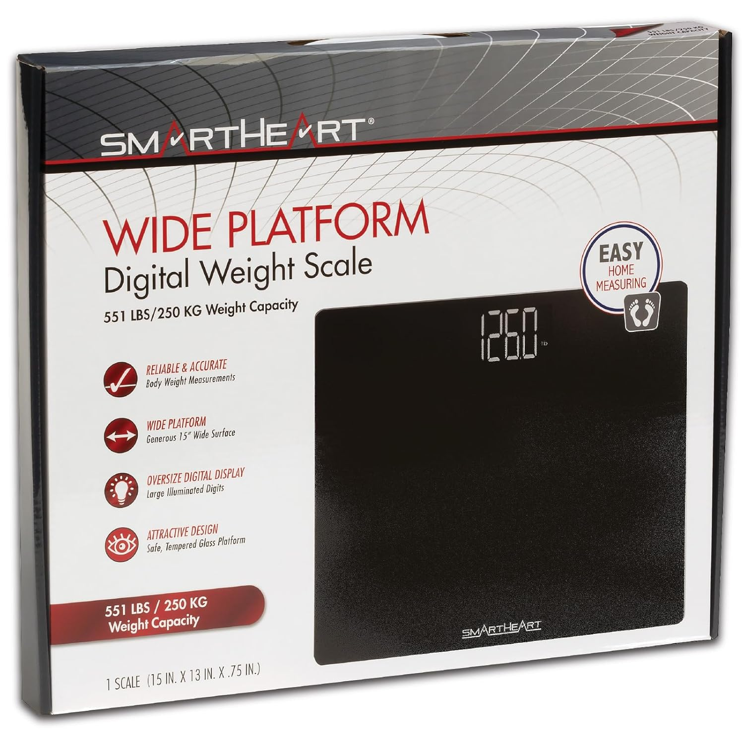 Smartheart Wide Platform Digital Weight Scale | 551 Lbs / 250 Kg Capacity | Tempered Glass Auto-On | Quick, Accurate Body Weight Measurements | Measurement Modes: LBS, KG or ST image number 6