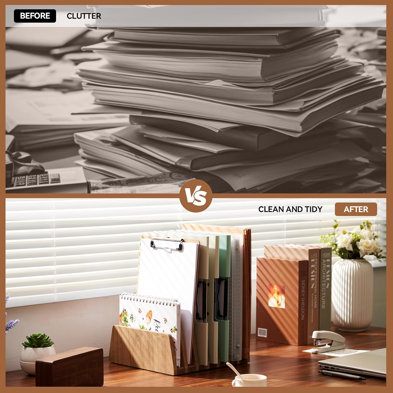 KIRIGEN Wood File Mail Organizer 7 Slots File Paper Holder Desktop Wood Document Letter Holder Organizer for Home Office Brown (7KWJJ-DBR) image number 2