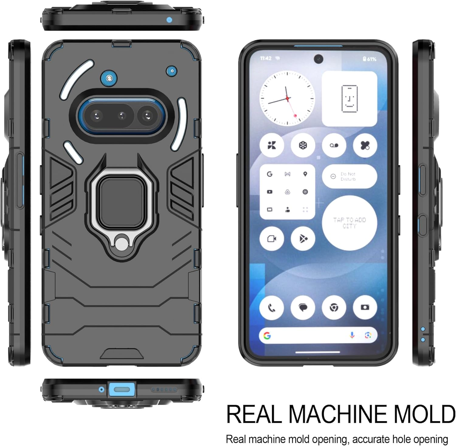 ESTH Compatible with Nothing Phone (3A) Case with 2 Pieces Protective Film [Durable] Ring Stand Case [For Mobile Phone Holder Car Magnet] Military Shockproof Mobile Phone Case, Black image number 2