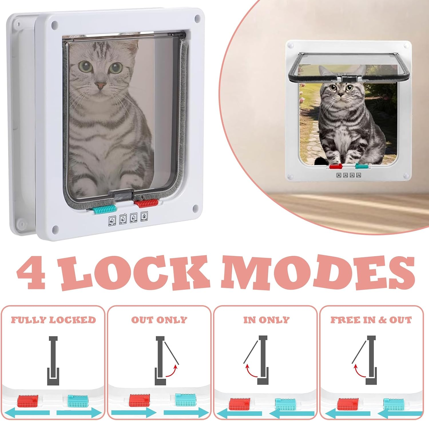 Cat Door, Xlwen Cat Flap, Dog Door, Pet Flap 4 Way, ABS Acrylic Cat Flap Interior Door, Pet Door for Indoor Outdoor Door, Window, Wall, for Cats and Dogs, Weatherproof, Easy Installation image number 5