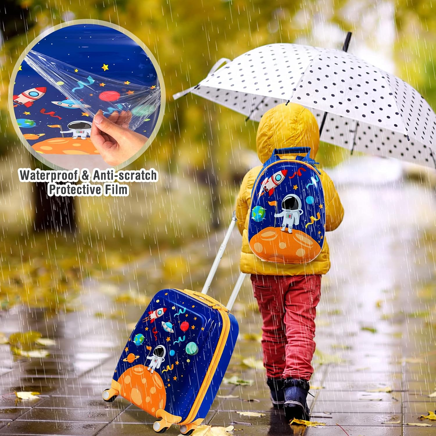 Costway 2PCS Kids Luggage Set, 13" & 18" Carry on Suitcase Set W/Spinner Wheels & Cute Mermaid Pattern, Adjustable Trolley Rod Height & Backpack Shoulder Strap (Astronaut)