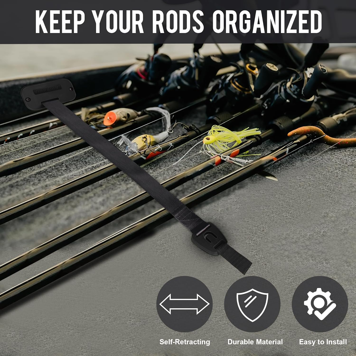 Rod Strap, Fishing Rods Hold down Strap, Gunwale/Deck Mount Retractable Rod Tie-Down F14200, Self-Retracting Rod Strap image number 2