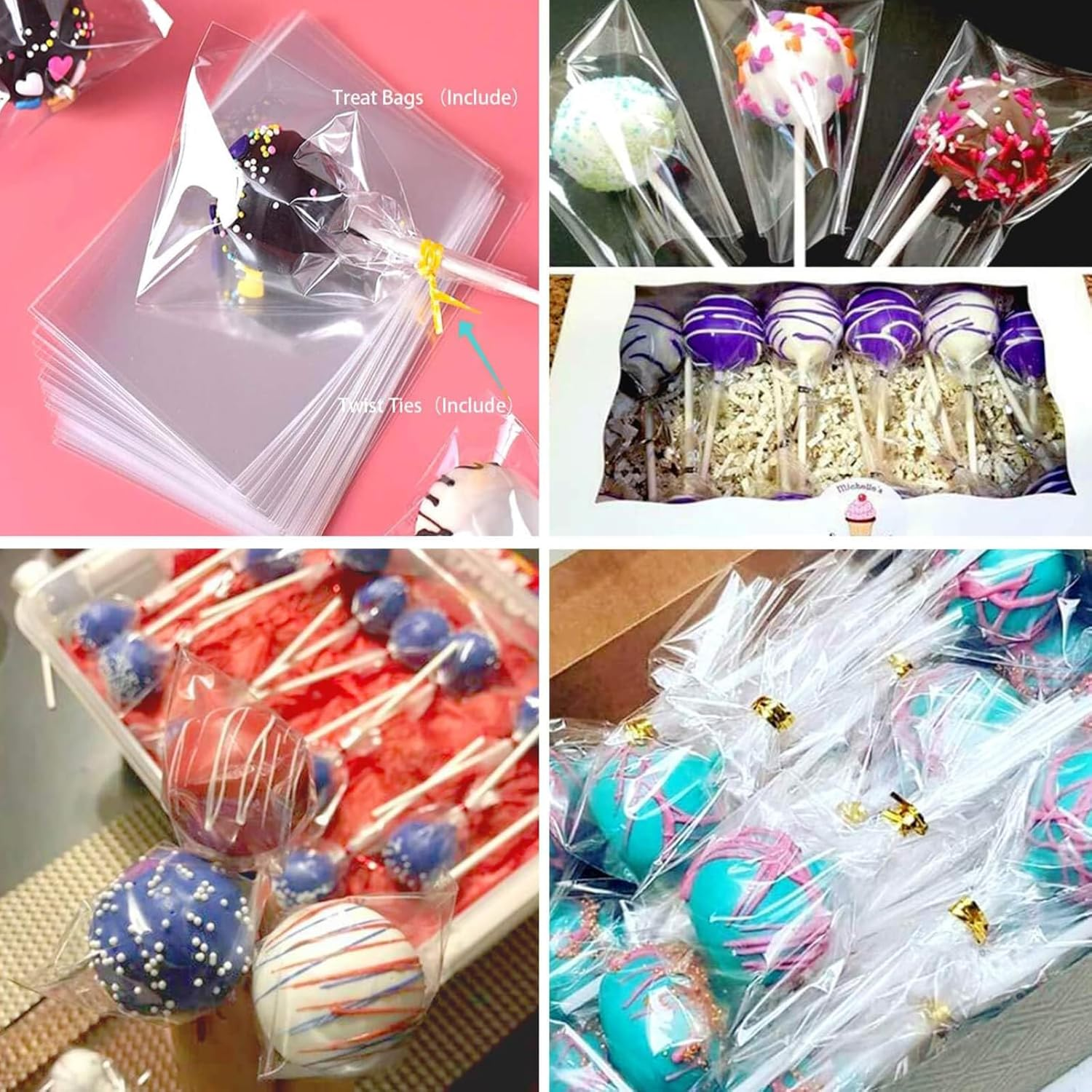 RIKONDA 300-Piece Cake Pop Kit &ndash; 15Cm Paper Sticks, 10X15.5Cm Treat Bags & Gold Twist Ties for Candy, Chocolate, Party Favors image number 1