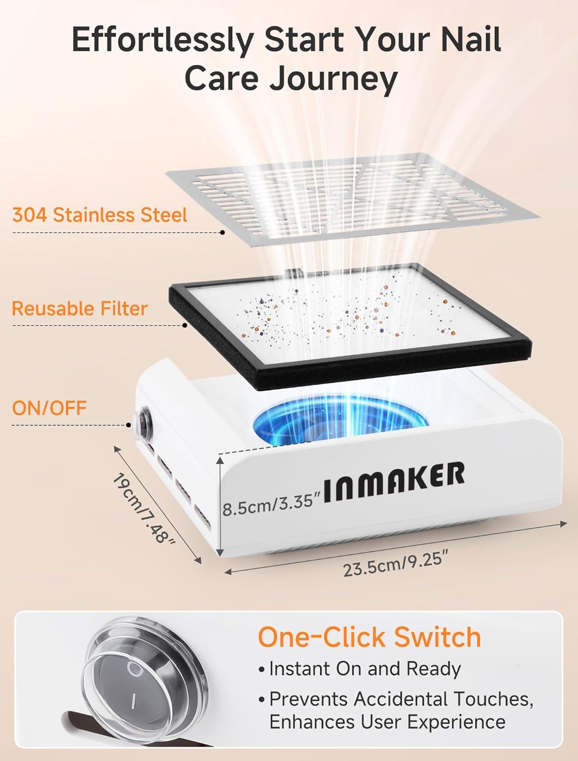 Dust Extraction for Nails, 60 W Nail Vacuum Cleaner with 2 Reusable Filters, Professional Nail Dust Extraction, Suction Nail Studio for Acrylic Nails, Gel Nails, White image number 2