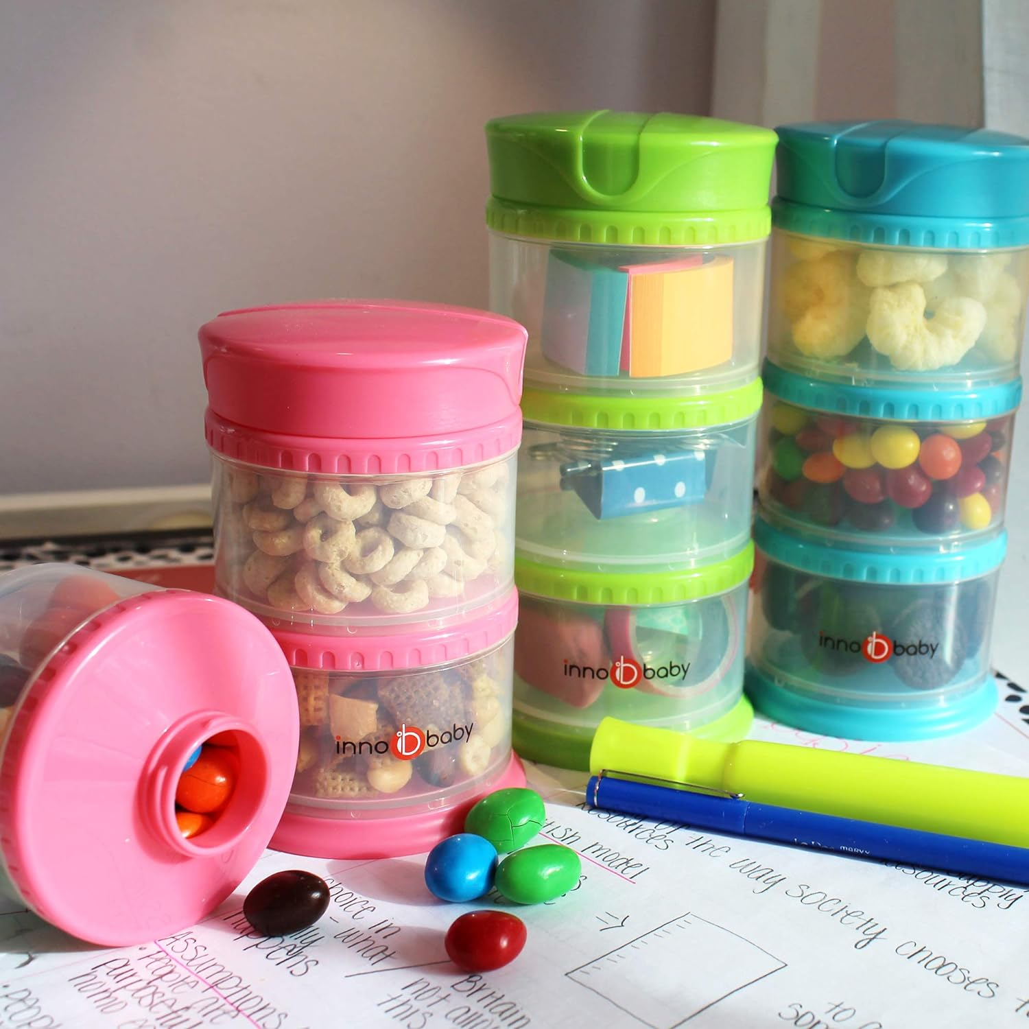 Innobaby Packin' Smart Stackable and Portable Storage System for Formula, Liquid, Baby Snacks and More. 3 Stackable Cups in White. BPA Free. - White image number 2