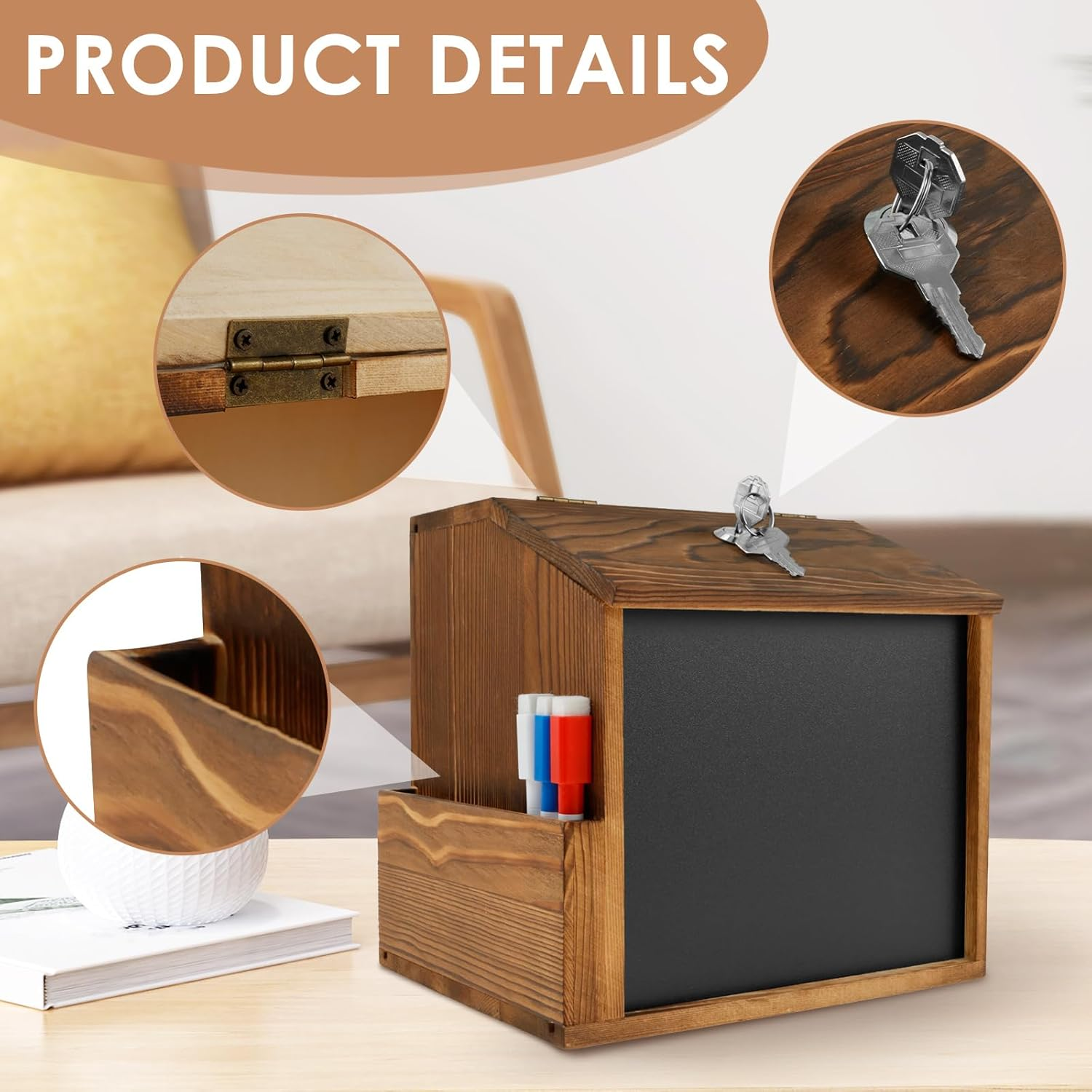 Wood Suggestion Box with Slot and Lock, Countertop or Wall Mounted Ballot Box with Chalkboard, Donation Box for Saving Fundraising, Multifunctional Comment Box with Chalkboard Vintage image number 4