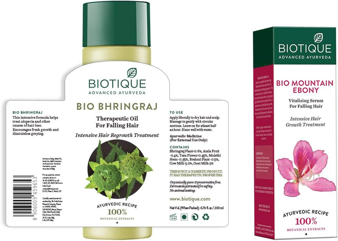 Biotique Bio Bhringraj Fresh Growth Therapeutic Oil, 200Ml and Biotique Bio Mountain Ebony Vitalizing Serum for Falling Hair Intensive Hair Growth Treatment, 120Ml (Pack of 2)