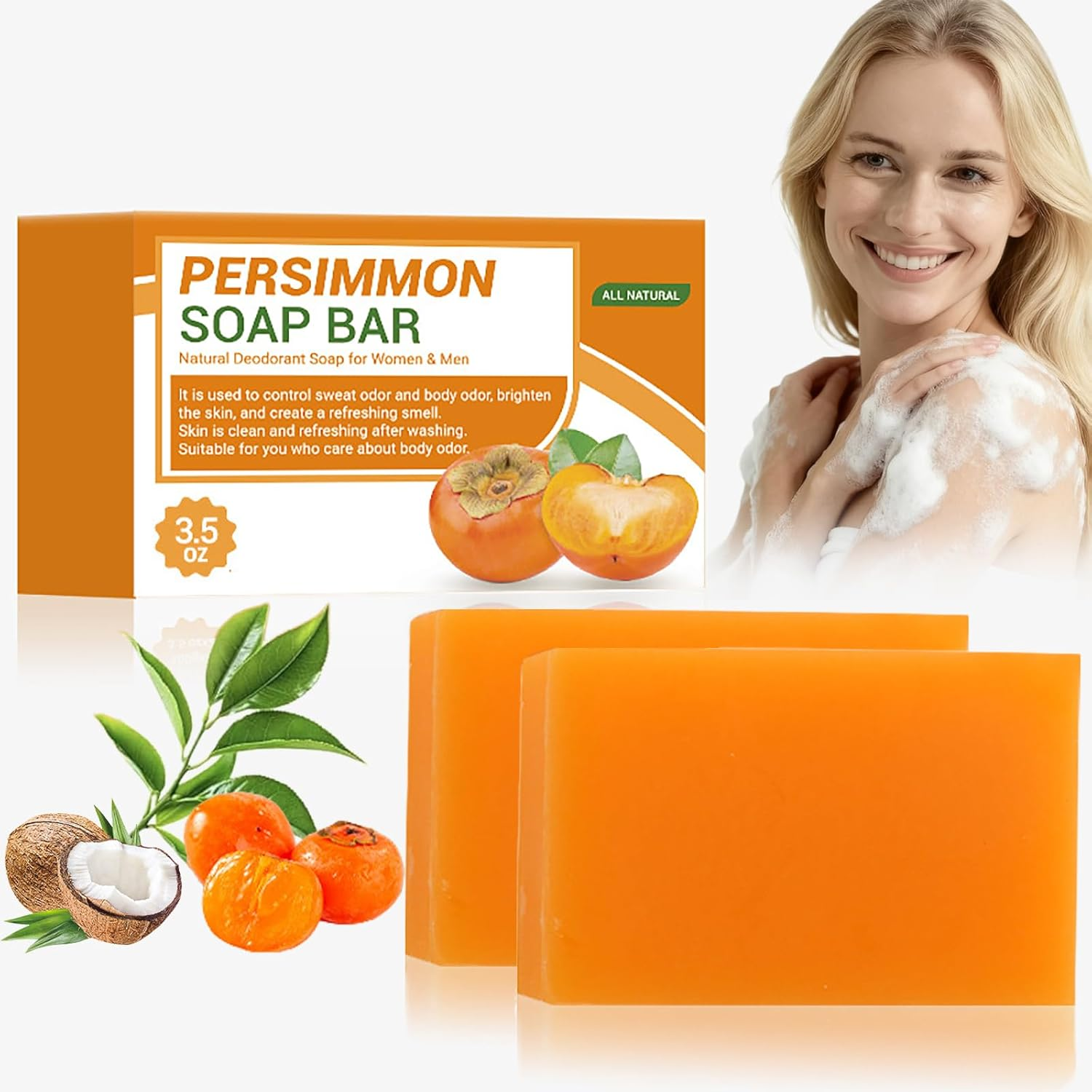 Persimmon Soap Bar for Body Odor Removal, Natural Deodorant Bath Soap for Old People Smell, Handmade Persimmon Green Tea Soap for Face & Body Wash, Deeply Cleansing & Moisturizing Bar 100G (1Pcs)