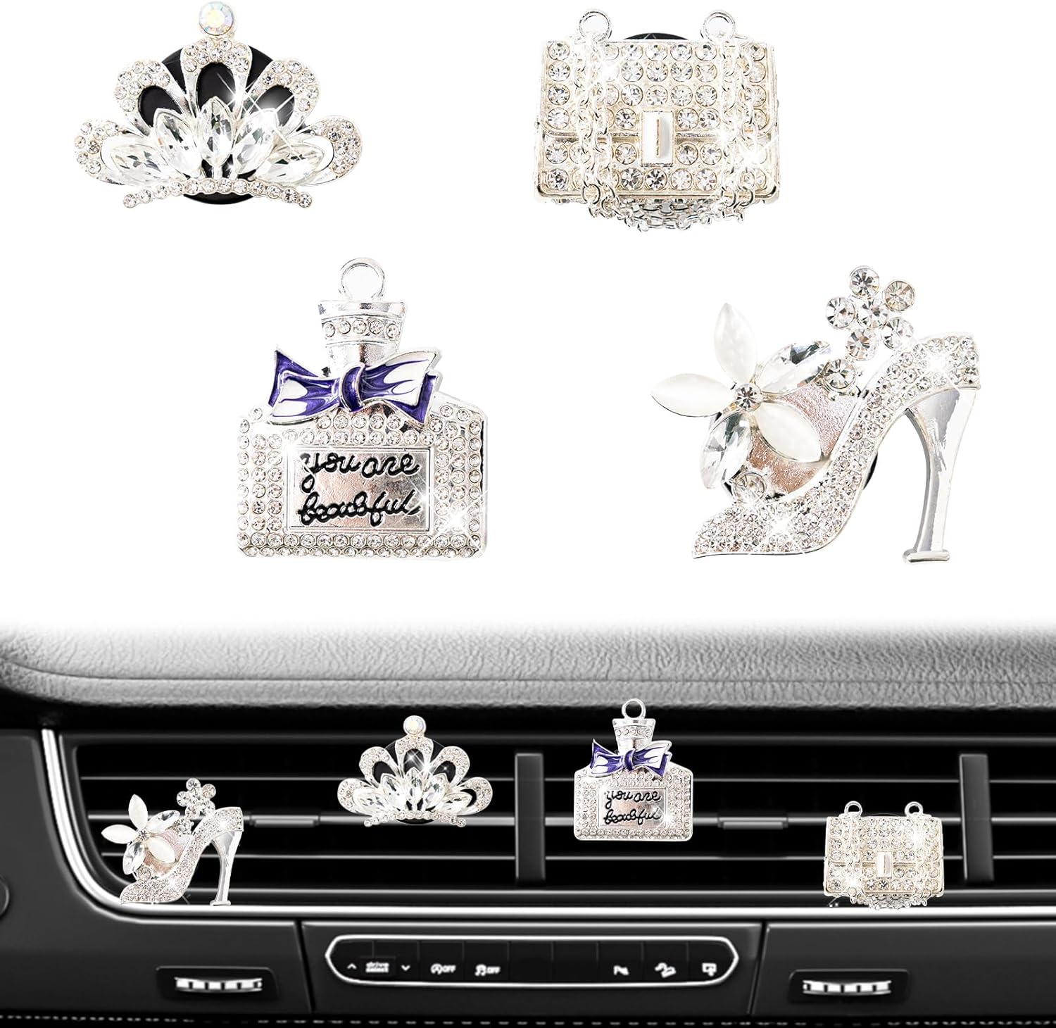 Rislobx 4PCS Bling Car Air Freshener Vent Clip, Crystal Diamond High Heel Shoe Bag Crown Perfume Bottle Car Diffuser Vent Clip Cute Car Bling Accessories Decoration for Women (Silver)