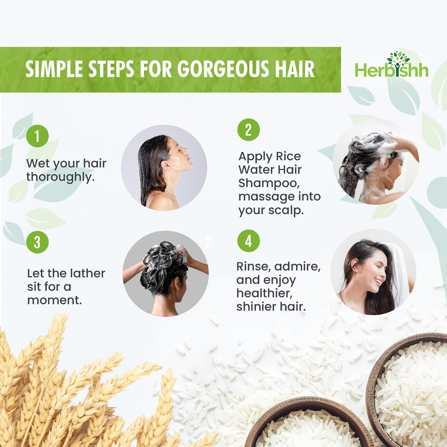 Herbishh Rice Water Hair Growth Shampoo with Power of Castor Oil, Argan Oil, Coconut Oil & Biotin |All Hair Type | Hair Regrowth for Thinning Hair, Moisturizing & Volumizing | Silicone Free | 400Ml image number 4